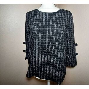 Karl Lagerfield Paris Windowpane Bow 3/4 Sleeve Blouse Top Black White Size S